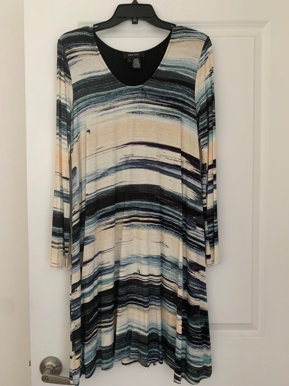 Karen Kane Women's L Watercolor Stripe Long Sleeve A-Line Swing Dress Blue Cream